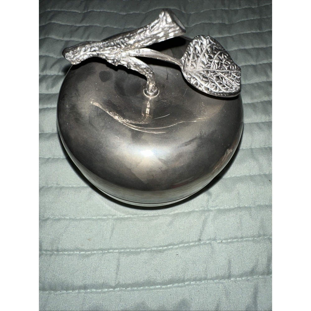 Vintage Lidded Silver Apple Jar Trinket box Catchall Keepsake Container 2pc.